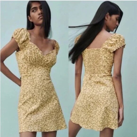 Zara Yellow Ditsy Floral Mini Dress Size Small - Picture 1 of 9